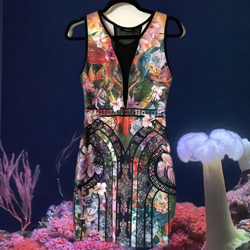 Forever 21 Bold Floral Print Mesh See Through V-neck Neoprene Bodycon Dress